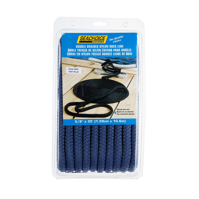 Seachoice Double-Braid Nylon Dock Line w/ Eye Splice, Pre-Shrunk, Heat Stabilized, 5/8 In. X 35 Ft., Navy Blue
