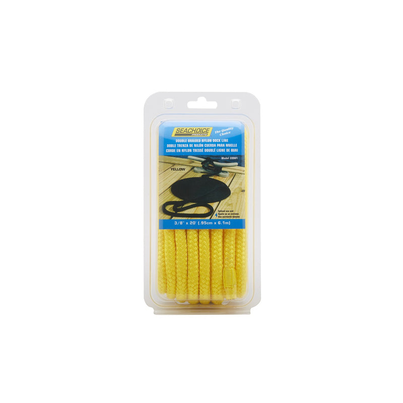 Seachoice Double-Braid Nylon Dock Line w/ Eye Splice, Pre-Shrunk, Heat Stabilized, 3/8 In. X 20 Ft., Yellow