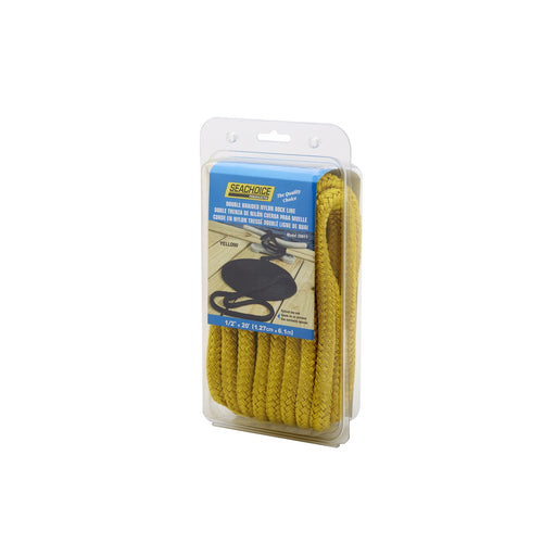 Seachoice Double-Braid Nylon Dock Line w/ Eye Splice, Pre-Shrunk, Heat Stabilized, 1/2 In. X 20 Ft., Yellow