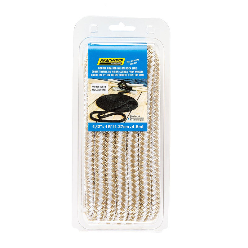 Seachoice Double-Braid Nylon Dock Line w/ Eye Splice, Pre-Shrunk, Heat Stabilized, 1/2 In. X 15 Ft., Gold White