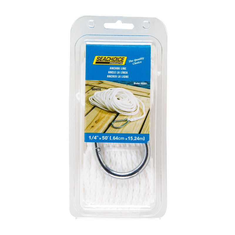 Seachoice Anchor Line Rope, Hollow Braid, Polypropylene, White, Spring Hook, 1/4 In. X 50 Ft.