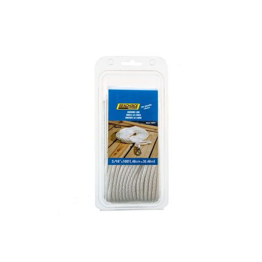 Seachoice Anchor Line Rope, Hollow Braid, Polypropylene, White, Spring Hook, 3/16 In. X 100 Ft.