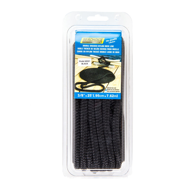 Seachoice Double-Braid Nylon Dock Line w/ Eye Splice, Pre-Shrunk, Heat Stabilized, 3/8 In. X 25 Ft., Black
