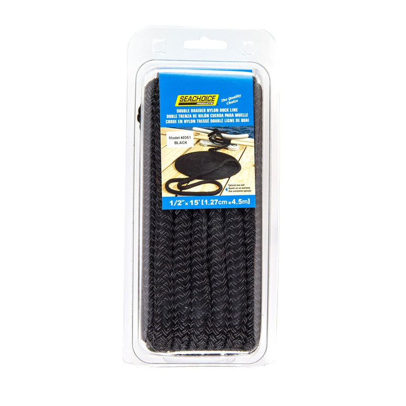 Seachoice Double-Braid Nylon Dock Line w/ Eye Splice, Pre-Shrunk, Heat Stabilized, 1/2 In. X 15 Ft., Black