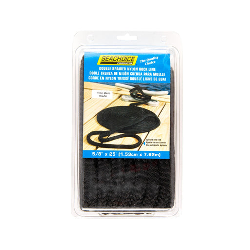 Seachoice Double-Braid Nylon Dock Line w/ Eye Splice, Pre-Shrunk, Heat Stabilized, 5/8 In. X 25 Ft., Black
