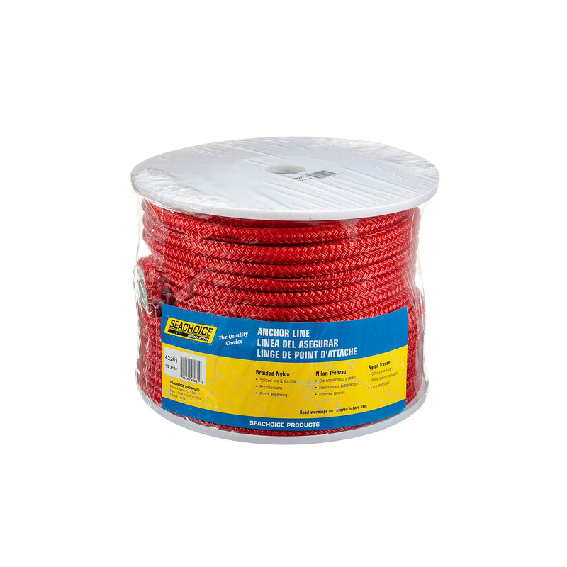 Seachoice Boat Anchor Rope, Double-Braid, Nylon, Achor Line, 1/2 in. X 150 Ft., Red