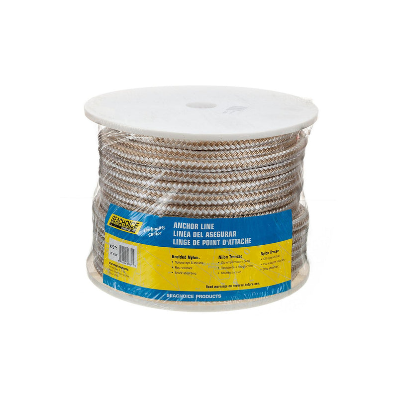 Seachoice Boat Anchor Rope, Double-Braid, Nylon, Achor Line, 1/2 in. X 150 Ft., Gold/White