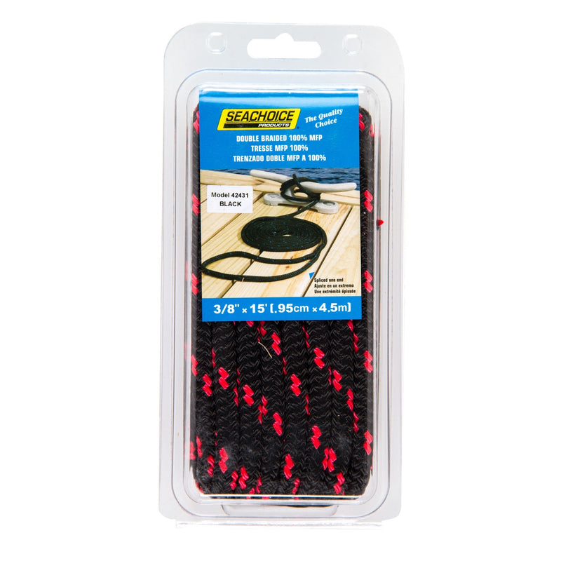 Seachoice 42431 High Quality Dock Rope for Boating - Double-Braid MFP Dock Line, ⅜-Inch x 15 Feet, Black/Red