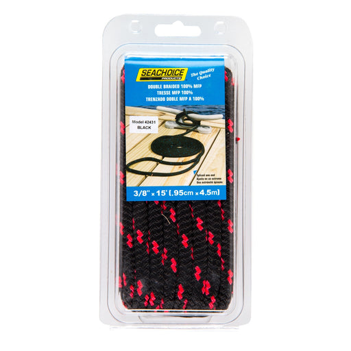 Seachoice 42431 High Quality Dock Rope for Boating - Double-Braid MFP Dock Line, ⅜-Inch x 15 Feet, Black/Red