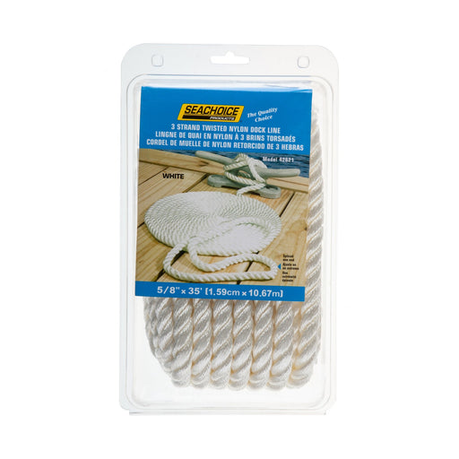 Seachoice High Quality Dock Rope for Boating - 3-Strand Twisted Nylon Line, ⅝-Inch x 35 Feet, White