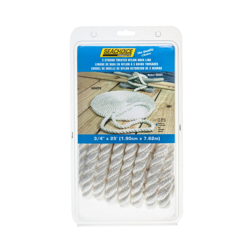 Seachoice High Quality Dock Rope for Boating - 3-Strand Twisted Nylon Line, ¾-Inch x 25 Feet, White