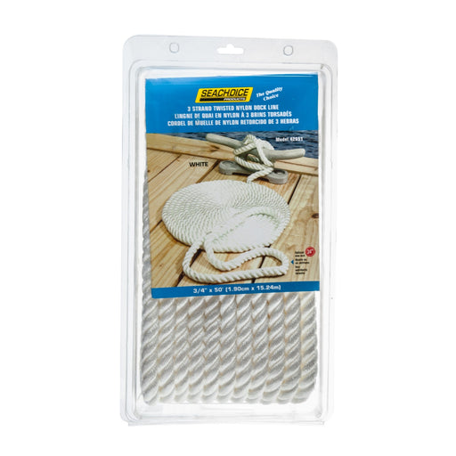 Seachoice High Quality Dock Rope for Boating - 3-Strand Twisted Nylon Line, ¾-Inch x 50 Feet, White