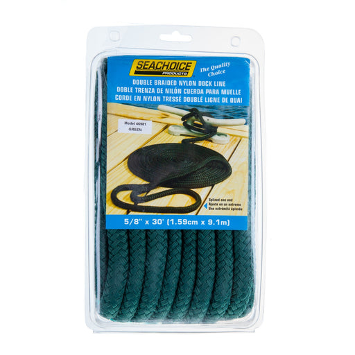 Seachoice 46981 Double-Braid Nylon Dock Line w/ Eye Splice, Pre-Shrunk, Heat Stabilized, 5/8 In. X 30 Ft., Forest Green