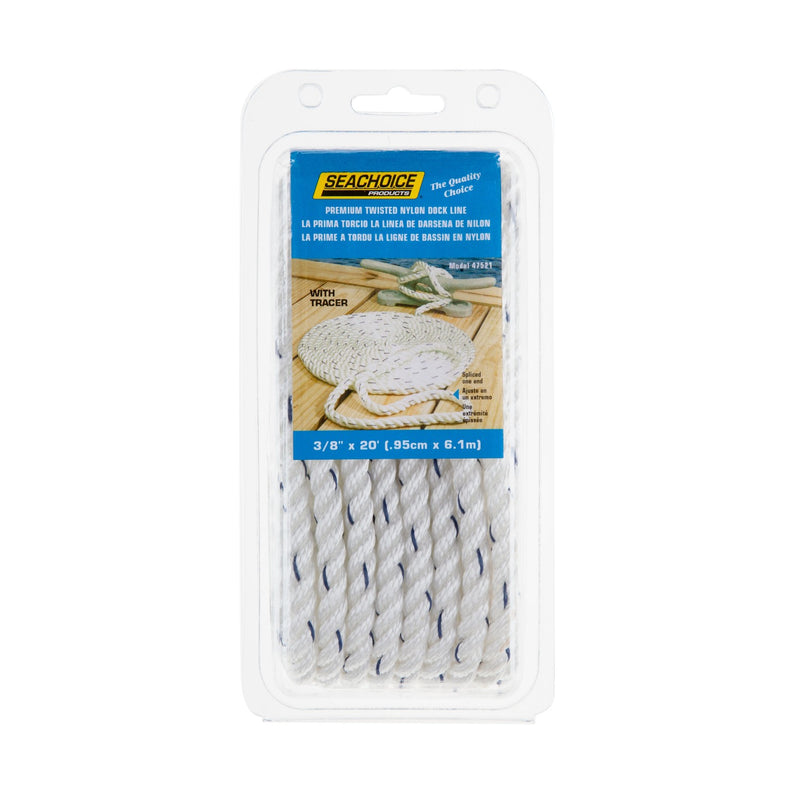 Seachoice Premium 3-Strand Twisted Nylon Dock Line With Tracer, White w/Blue Tracer, 3/8-Inch x 20 Feet, 10-Inch Eye Splice