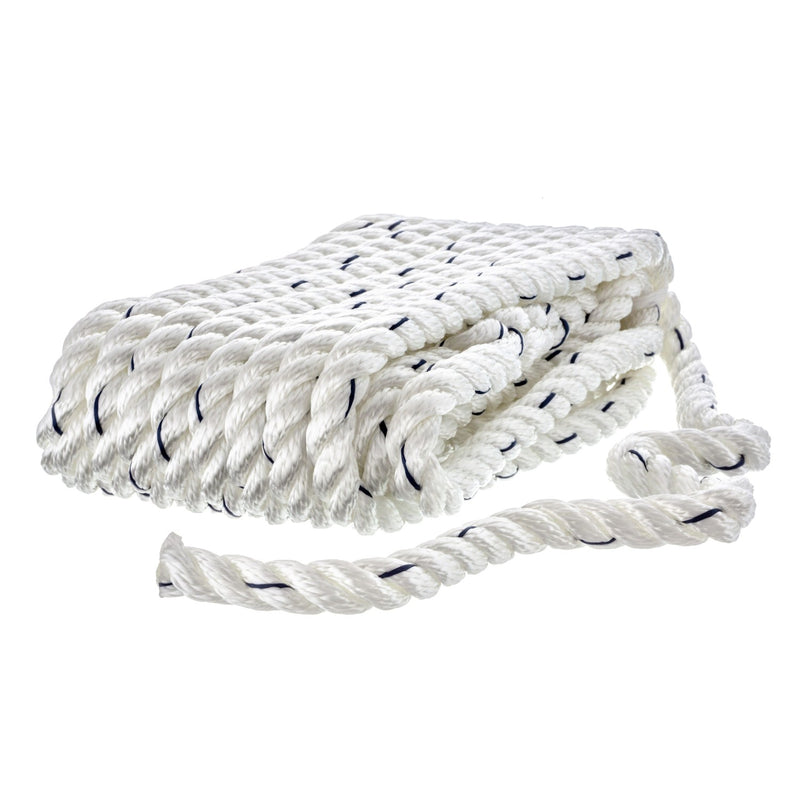Seachoice Premium 3-Strand Twisted Nylon Dock Line With Tracer, White w/Blue Tracer, 1/2-Inch x 25 Feet, 10-Inch Eye Splice