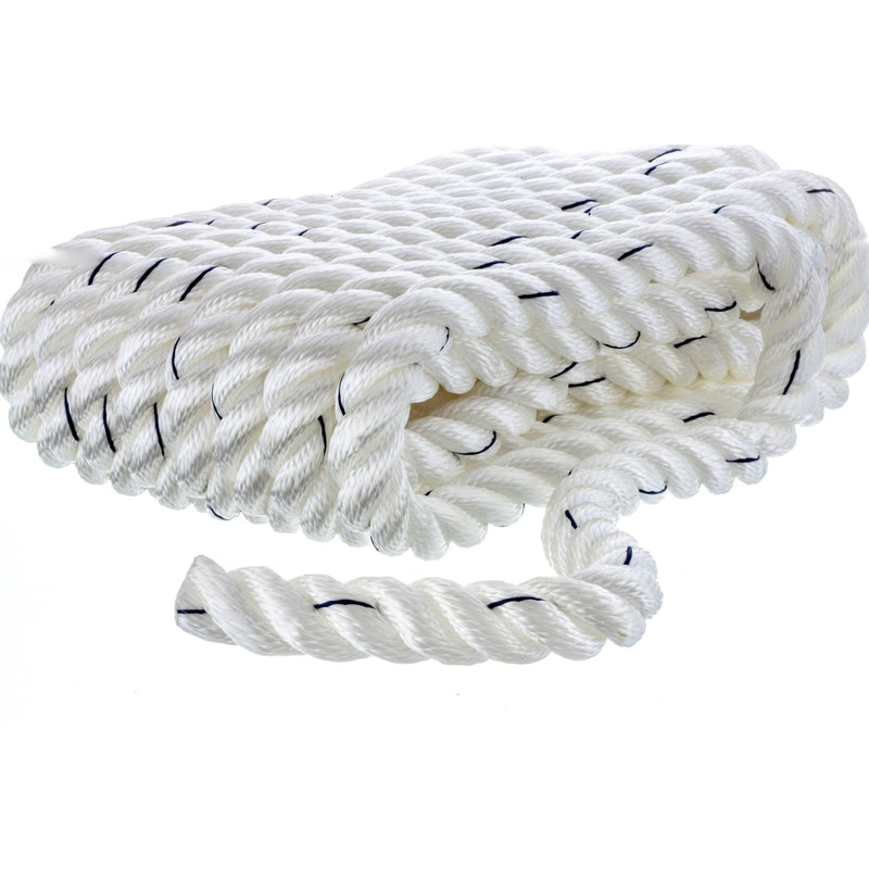 Seachoice Premium 3-Strand Twisted Nylon Dock Line With Tracer, White w/Blue Tracer, 3/4-Inch x 25 Feet, 18-Inch Eye Splice