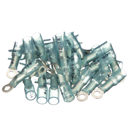 Seachoice 63821 Heat Shrink Ring Terminal, Marine Grade Heat-Shrinkable Ring Terminals, Blue, Pack of 100, Fits #8 Stud, 16-14 Wire Range