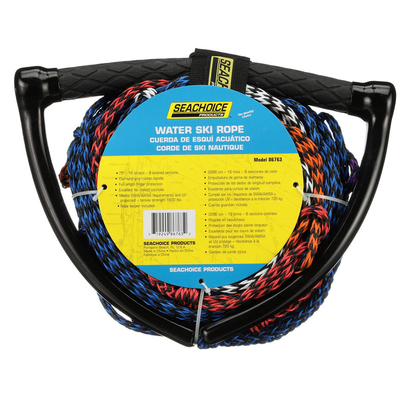 Seachoice 8-Section Water Ski or Wakeboard Rope, 75 Ft. Long, 13 In. Handle w/ Textured Rubber Grip