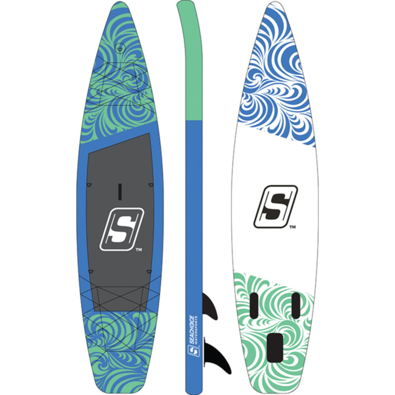 Seachoice 86946 Inflatable Stand-Up Paddle Board Kit 12’, Includes 3-Section Telescoping Paddle, Dual-Action Pump w/Pressure Gauge, Ankle Leash and Carry Bag