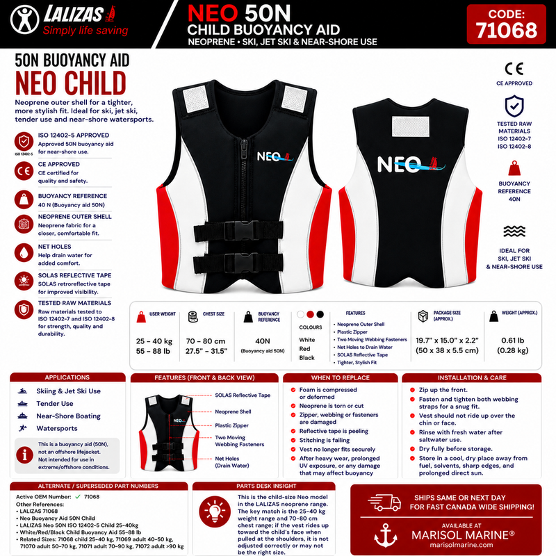 LALIZAS Neo Buoyancy Aid 50N | Child 25–40kg | 71068 | Neoprene White/Red/Black