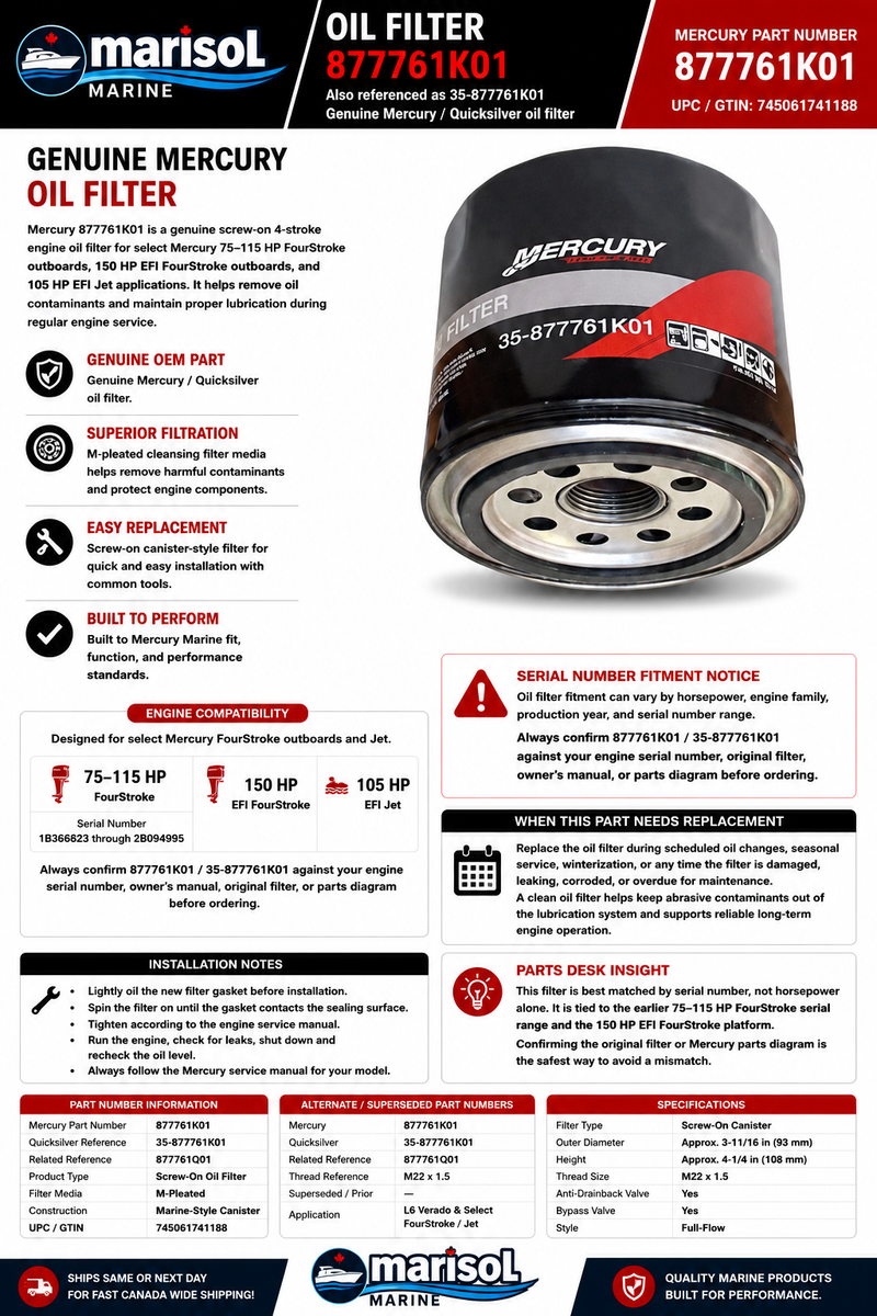 Mercury Quicksilver Oil Filter 877761K01