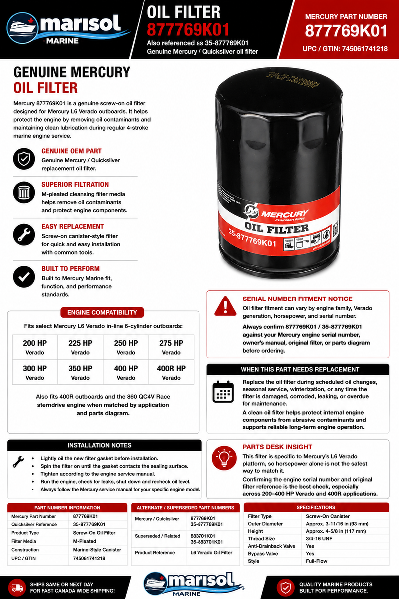 Mercury Quicksilver Oil Filter 877769K01