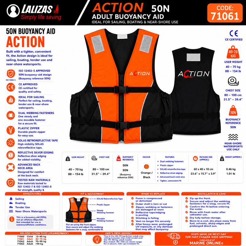 LALIZAS Action Buoyancy Aid 50N | Adult 40–70kg | 71061 | Orange/Black