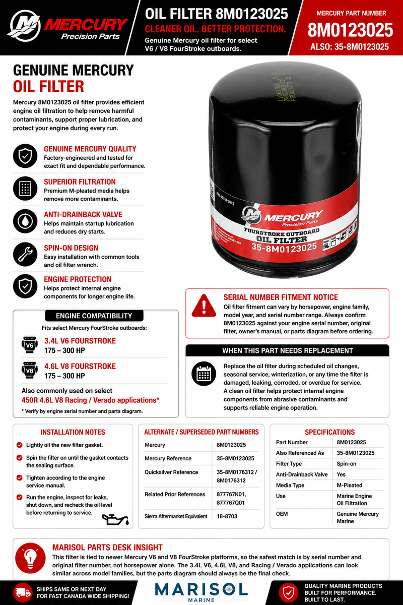 Mercury MerCruiser Quicksilver Oil Filter 8M0123025