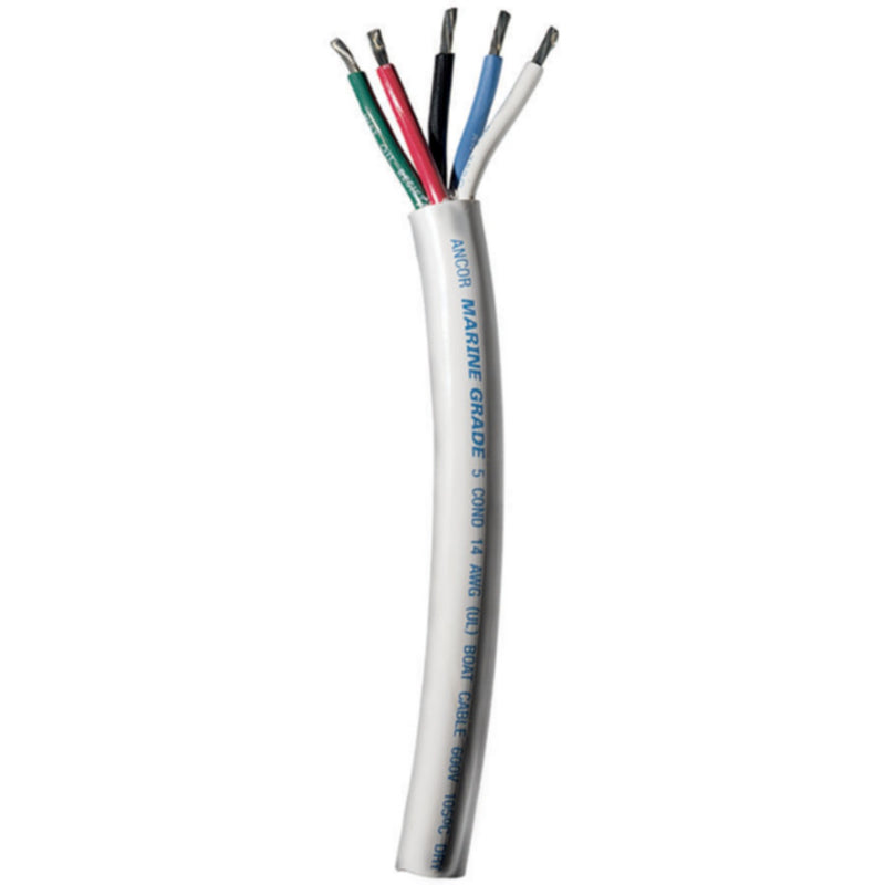 Ancor 155010 Marine Grade™ Tinned Copper White Flat Signal Cable, 14/5 AWG, 100', Black/Blue/Green/Brown/Red