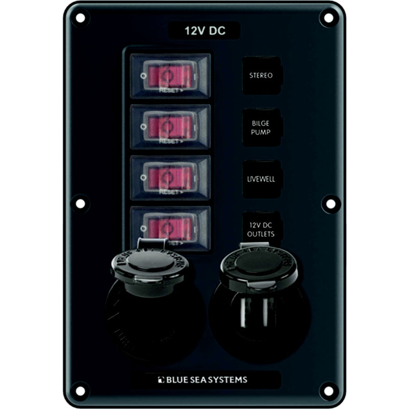 Blue Sea 4321 Water-Resistant Circuit Breaker Switch Panel, 4 Position w/12V Socket & Dual USB Charger