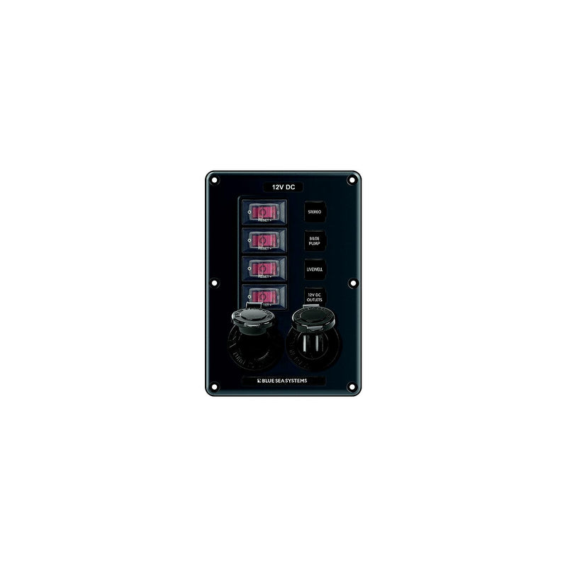 Blue Sea 4321 Water-Resistant Circuit Breaker Switch Panel, 4 Position w/12V Socket & Dual USB Charger