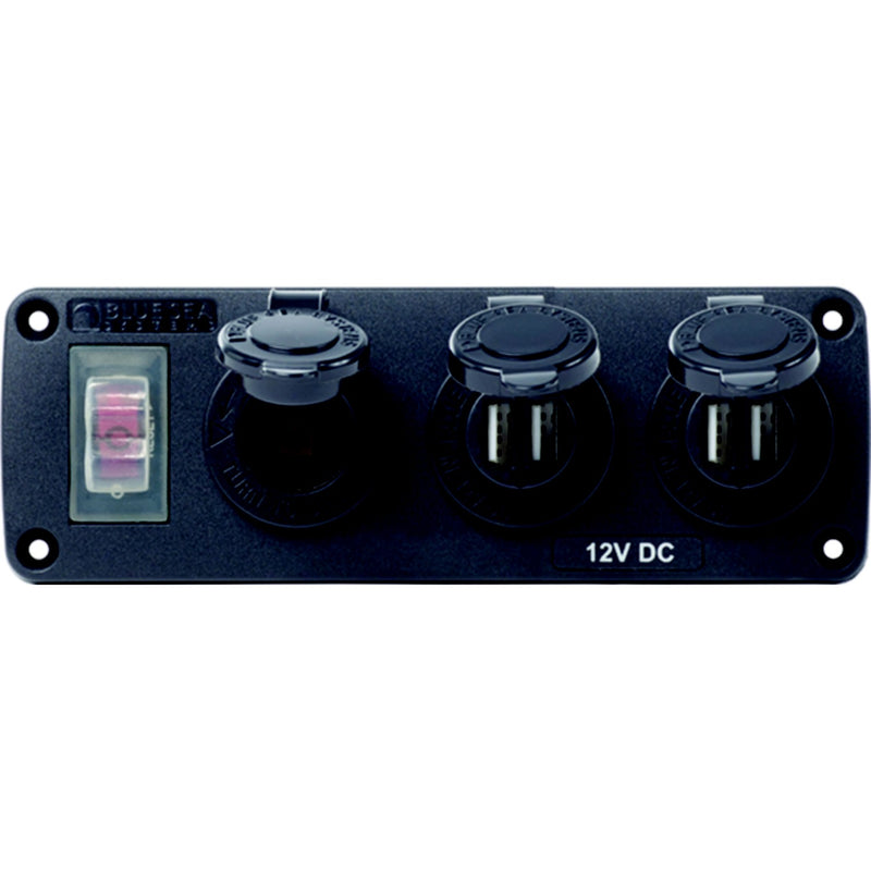 Blue Sea Systems 4365 Water-Resistant USB Accessory Panel, w/12V Socket, 2 x 2.1A Dual USB Charger