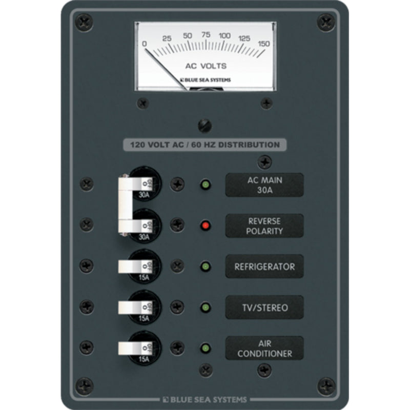Blue Sea Systems 8043 Traditional Metal Circuit Breaker Panel - AC Main + 3 Positions, AC Voltmeter