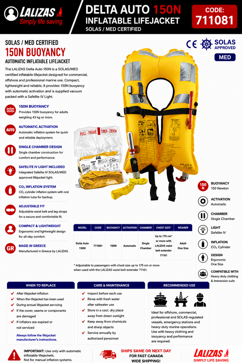 LALIZAS Delta Auto 150N Lifejacket | SOLAS/MED | Vacuum Packed + Safelite IV | 711081