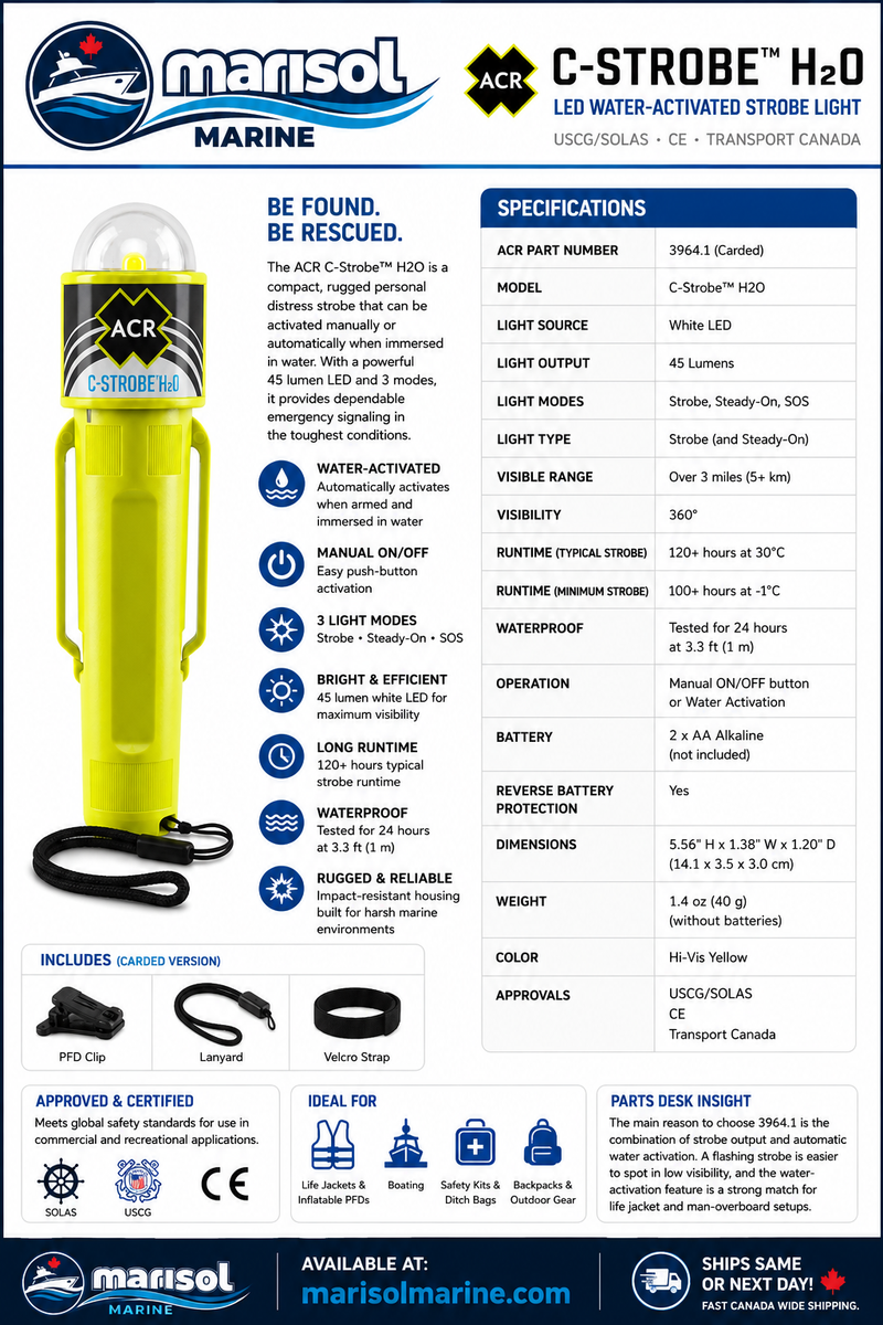 ACR C-Strobe H2O LED Water-Activated Strobe — 3-Mode, 45 Lumen, 120+ Hr, USCG/SOLAS | ACR 3964.1
