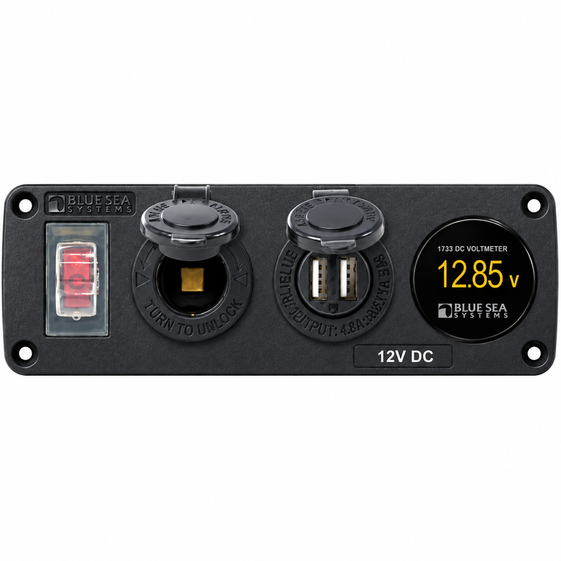 Blue Sea Systems — Water-Resistant Accessory Panel, 12V Socket, Dual USB & Voltmeter — BSS-4366
