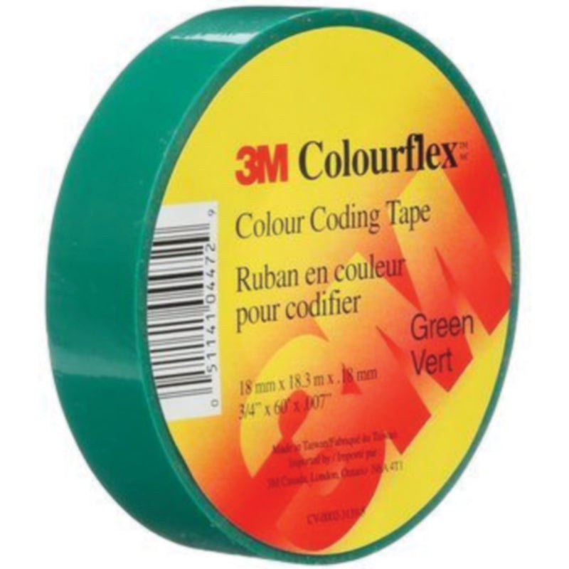 3M Colourflex™ Coloured Vinyl Electrical Tape, 18mm x 18.3m, Green, 40/case