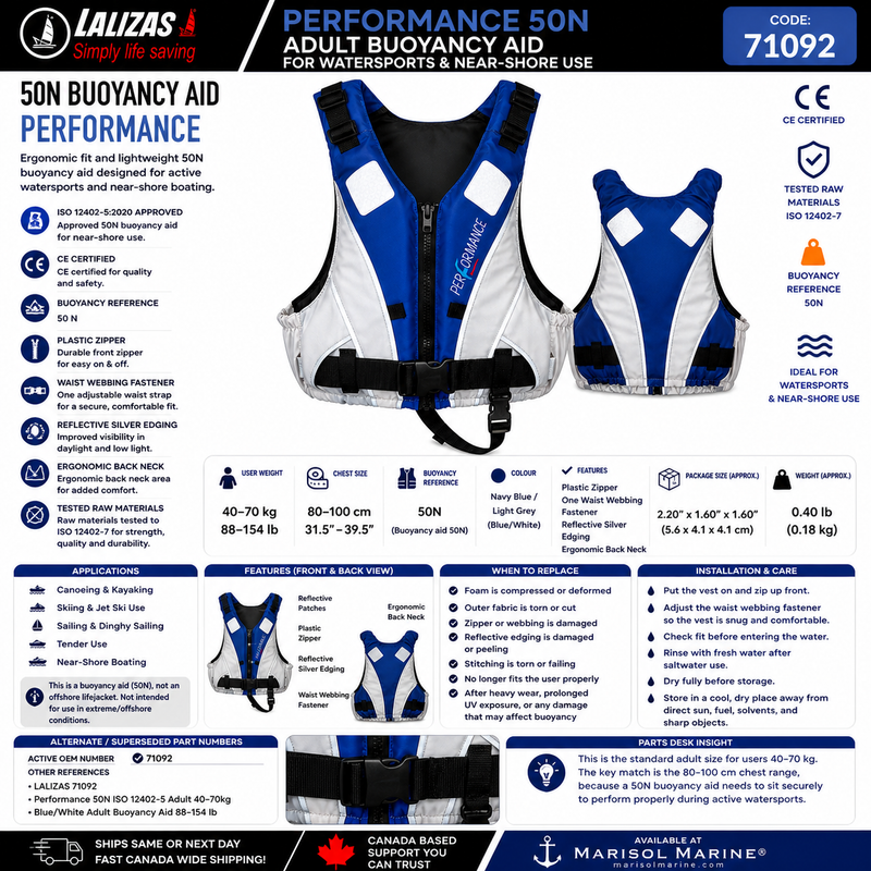 LALIZAS Performance Buoyancy Aid 50N | Adult 40–70kg | 71092 | Navy/Grey