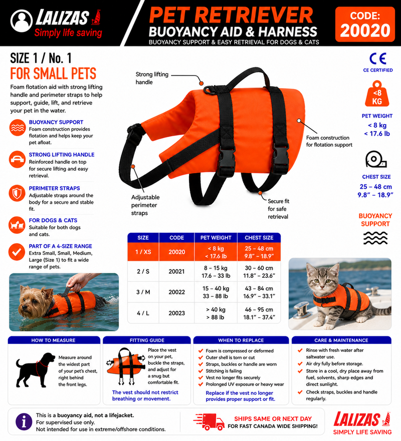 LALIZAS Pet Retriever Buoyancy Aid & Harness | Size 1 <8kg | 20020