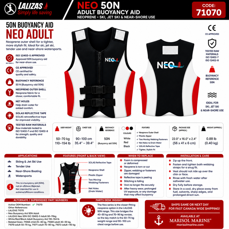 LALIZAS Neo Buoyancy Aid 50N | Adult 50–70kg | 71070 | Neoprene White/Red/Black