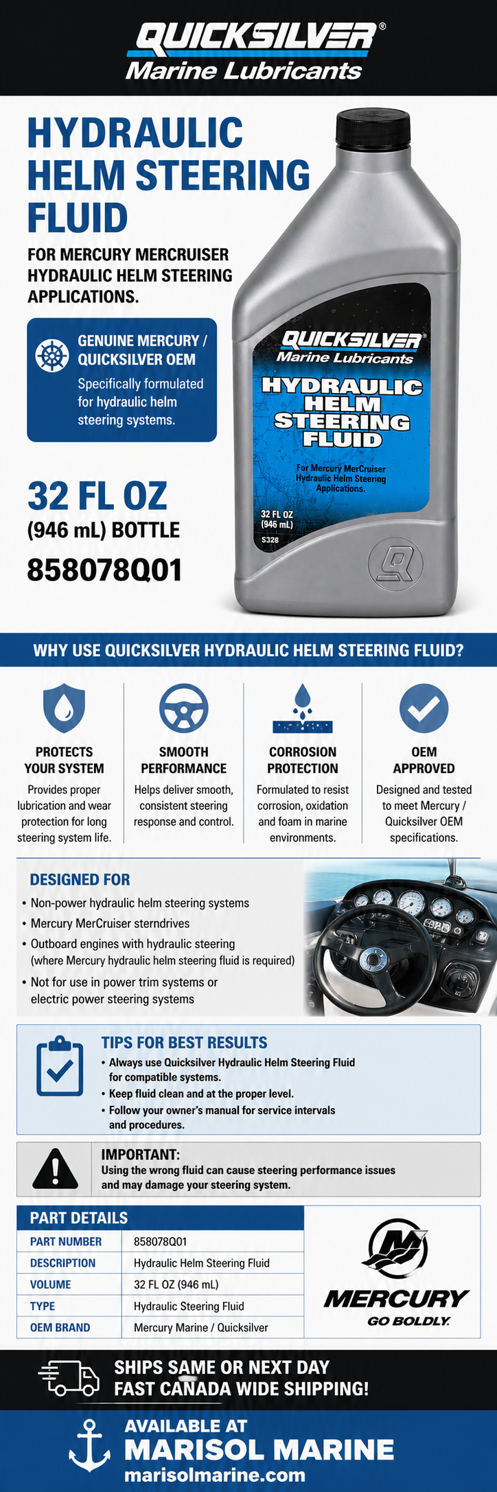 Mercury Quicksilver Power Steering Fluid 858078Q01