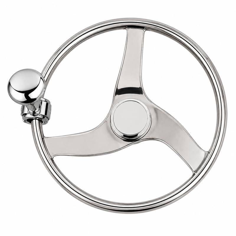 Seachoice 3-Spoke Stainless Steel Steering Wheel with Turning Knob – 13.5", 3/4" Tapered Shaft