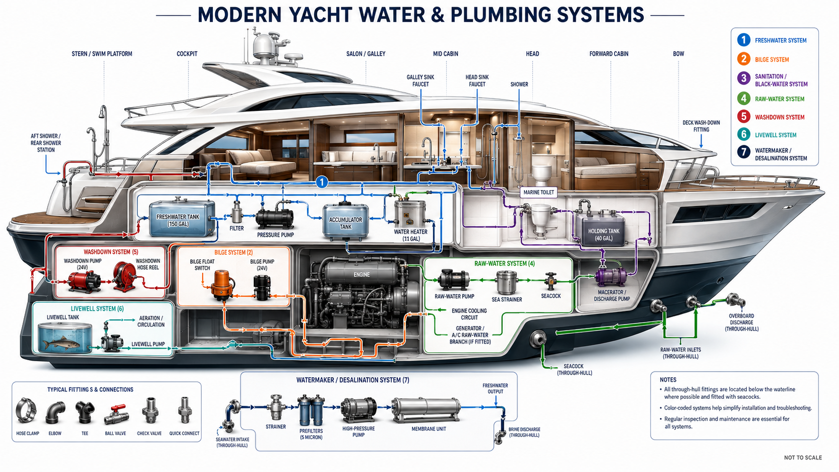 Modern yacht water and plumbing systems infographic showing freshwater, bilge, sanitation, raw-water, washdown, livewell, and watermaker systems