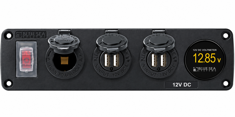 Blue Sea Systems — Water-Resistant Accessory Panel, 12V Socket, Dual USB & Voltmeter — BSS-4368