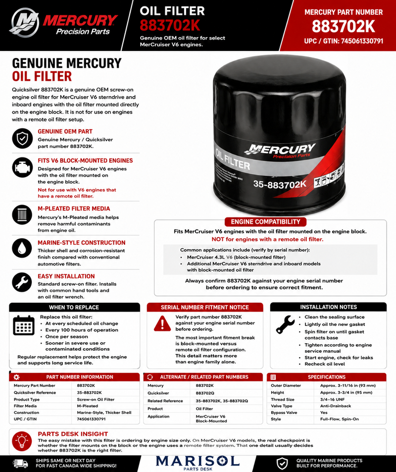 Mercury Quicksilver Oil Filter 883702K