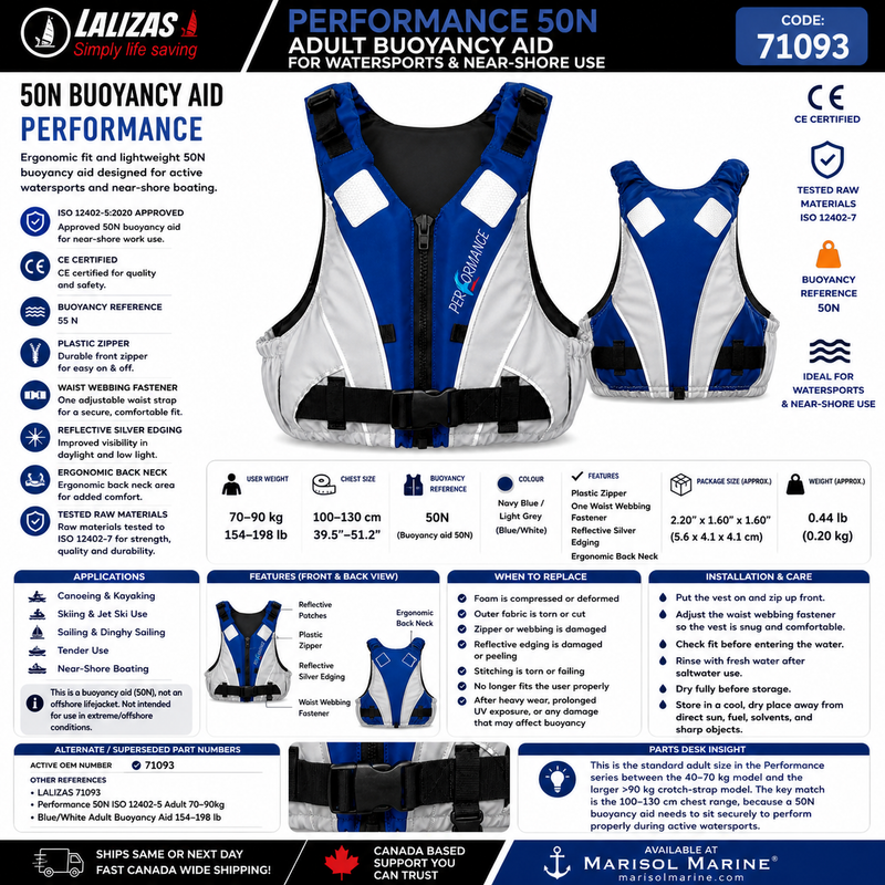 LALIZAS Performance Buoyancy Aid 50N | Adult 70–90kg | 71093 | Navy/Grey