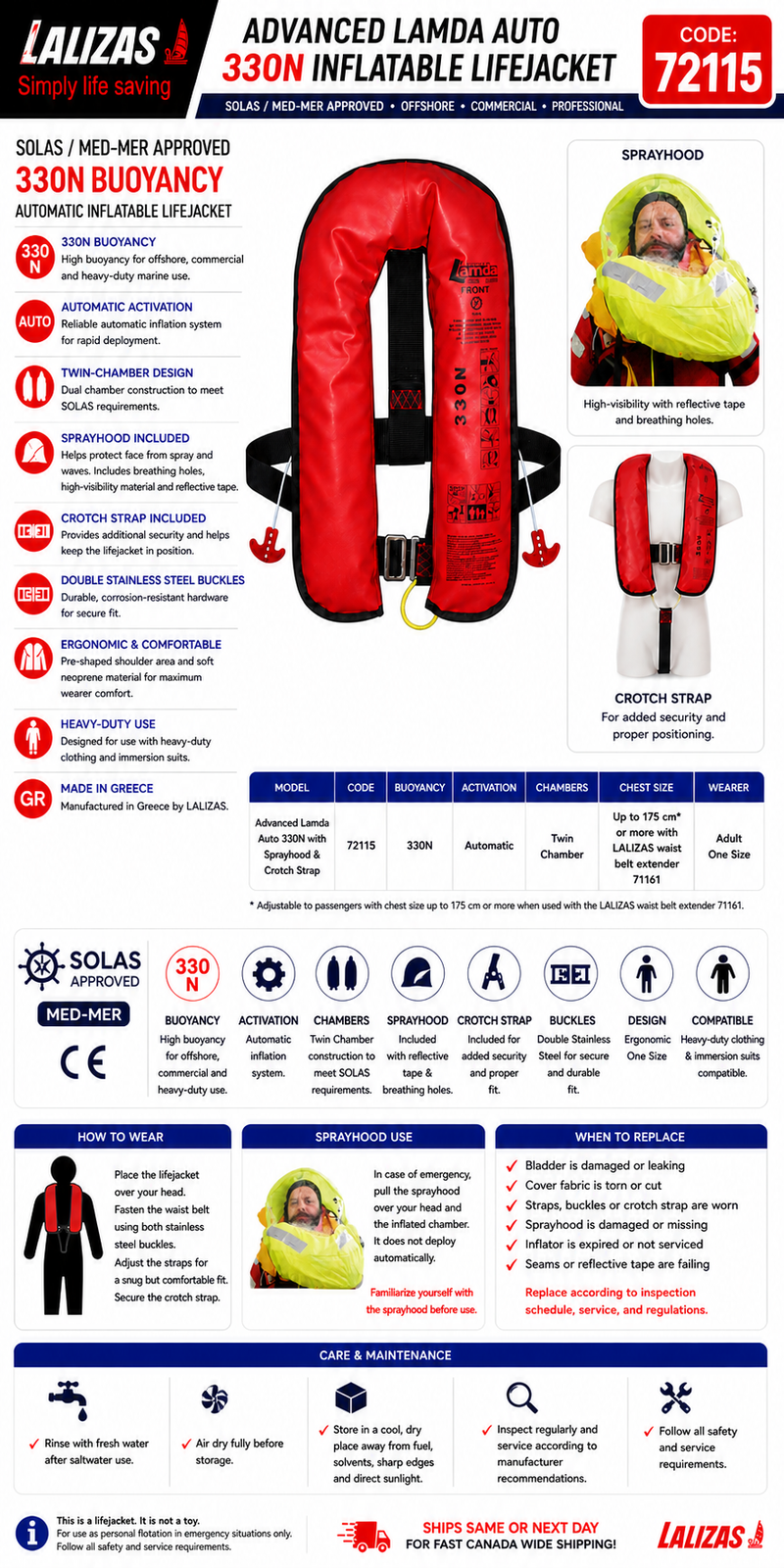 LALIZAS Advanced LAMDA Auto 330N Lifejacket | SOLAS/MED | Sprayhood & Crotch Strap | 72115