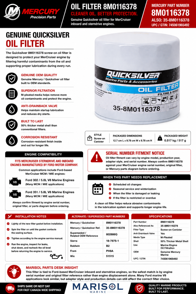 Mercury MerCruiser Quicksilver Oil Filter 8M0116378