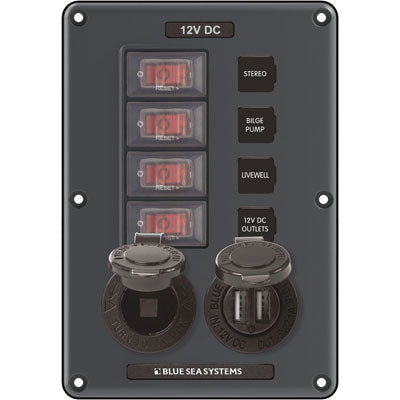 Blue Sea Systems Breaker Switch Panel - Pnl Switch H2O Cb 4POS Usb/skt | 4321