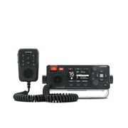 Black radio communication device with display and control panel on a white background